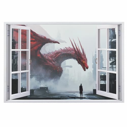 Wandtattoo Durchbruch 3D Wandsticker Drachen Selbstklebend Wanddeko Stadtruinen Wanddurchbruch sticker für Kinderzimmer Wanddeko Wandaufkleber Schlafzimmer Wandbild
