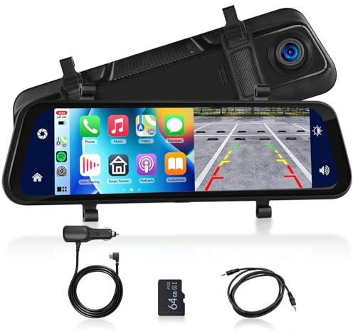 9.66 Specchio Retrovisore Auto, Carplay & Android Auto,Dash Cam Car Camera Dual 1080P,IPS Touch Screen, Scheda da 64 GB Gratuita, Registrazione 24 ore, WDR,Nachtsicht,Sprachsteuerung