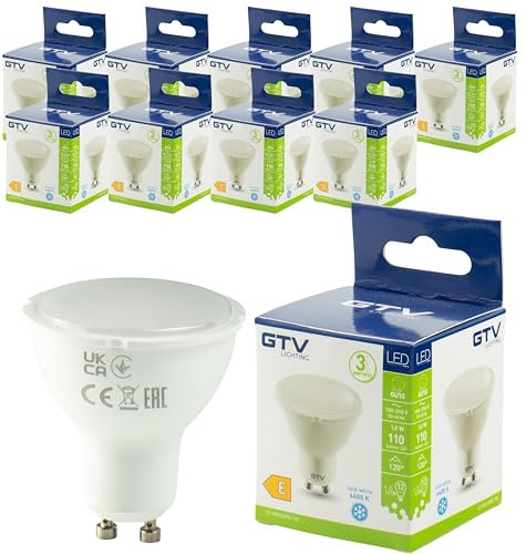 JungesLicht 10er Pack GU10 LED Leuchtmittel, 1W 110Lumen, 120° Strahlwinkel - gleichmäßige Beleuchtung, sofort hell, Birne, Spot, Strahler, Energiesparlampe, für innen & außen (Tageslichtweiß 6400K)