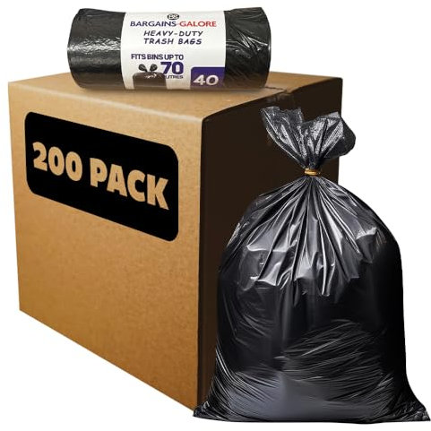 Pack of 200 Refuse Sacks - Heavy Duty 70L Black Bags | Strong & Secure | Garden Waste, Household, Office, Kitchen & Caterers - Everyday Bin Bags, Bin Liners, Flat Top, Recycled, Tear Resistant