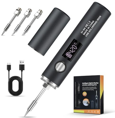 diymore Juego de soldador inalámbrico, USB, 5 velocidades, temperatura ajustable 260 ℃-420 ℃, 3 puntas de soldadura, juego de batería de soldador para reparación de soldadura