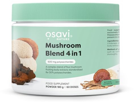 Osavi Mushroom Blend 4 in 1 – 180 g Powder | Extracts from Lion’s Mane, Cordyceps, Reishi & Chaga | Standardised for 30% polysaccharides | from Mushroom Fruiting Bodies | Easy to Mix