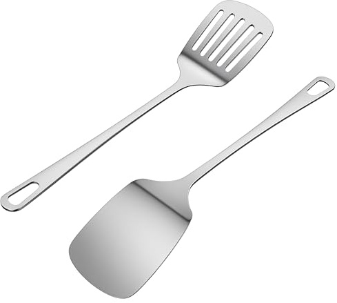 2Pcs Stainless Steel Spatulas, Solid Turner, Slotted Turner, Cooking Tools | High Heat Resistant Spatula, Metal Kitchen Utensils, Fish Slice Spatula, Kitchen Tools for Frying,Flipping,Turning,Lifting