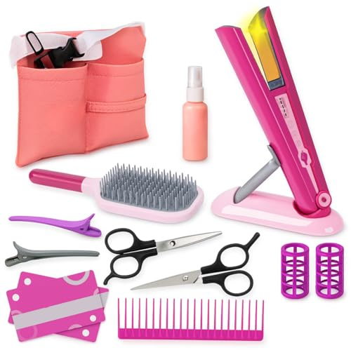 Toyana 14 Pcs Kids Hairdressing Set for Girls, Pretend Play Hair Accessories with Toy Straightener & Waist Bag, Beauty Salon Hair Stylist Role Play Grooming Tools Kit Gift for Children Ages 3+