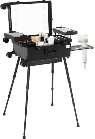 JJsdwin Schminkkoffer, Kosmetikkoffer mit Ausziehbare Ablagen und Verstellbare Beine, Profi-Schminkstation für Friseur und Make-up-Studios, max. Tragfähigkeit 50kg | Schwarz