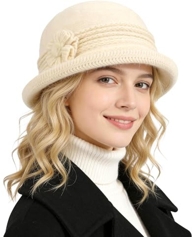 AYPOW Damen Woll Fedora Wintermütze,Doppelschichtige Verdickte Warme Strickmütze,Frauen Anmut Rollkrempe Gestrickter Glockenhut mit Blumen Pompons,Damen Beaniemütze Bowler Hut Melone Hut