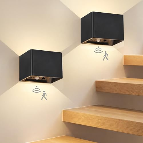 Kimjo LED Wandleuchte Innen Akku, Kabellose Wandlampe mit Bewegungsmelder | 5400mAh Wiederaufladbare Wandleuchten, Dimmbar Up and Down Leuchten, USB Wandleuchte Ohne Stromanschluss mit Fernbedienung