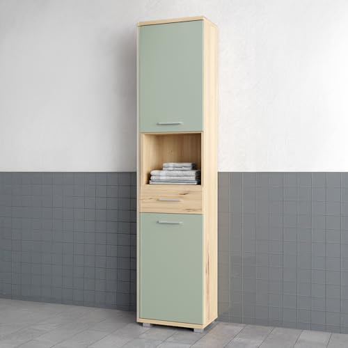 Forte Champ Badschrank 40, moderner, hoher Badschrank mit 2 Türen und 1 Schublade, offenes Regalfach, Holzwerkstoff, Artisaneiche Holzdekor mit Salbei, 40,1 cm breit x 183,6 cm hoch x 28,9 cm tief