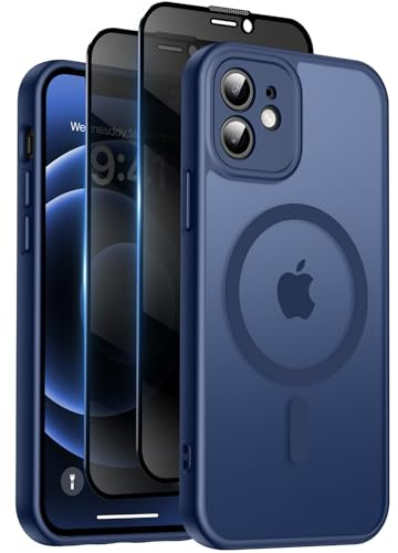 Qasyfanc for iPhone 12 Case with MagSafe, Privacy Screen Protectors X2, [Camera Protection] [15FT Military Drop Protection] Magnetic Translucent Matte Back Shockproof Phone Cover, 6.1, Blue