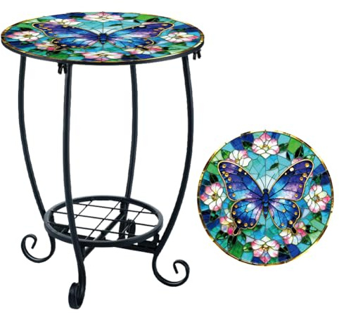 DOODLREAM Klappbarer Beistelltisch aus Metall für den Außenbereich, 25 cm B x 38 cm H, Kleiner runder schwarzer Terrassentisch mit Blattmuster für Balkon, Terrasse und Garten