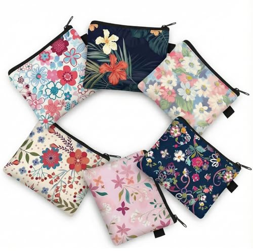 LEOEZYA 6 Pièces Porte Monnaie à Motif Floral,Tissu Polyester Résistant,Ces Petite Pochette Peuvent Contenir des Cartes et Petits Objets,Accessoire Mignon du Quotidien pour Femmes,Filles et Enfants