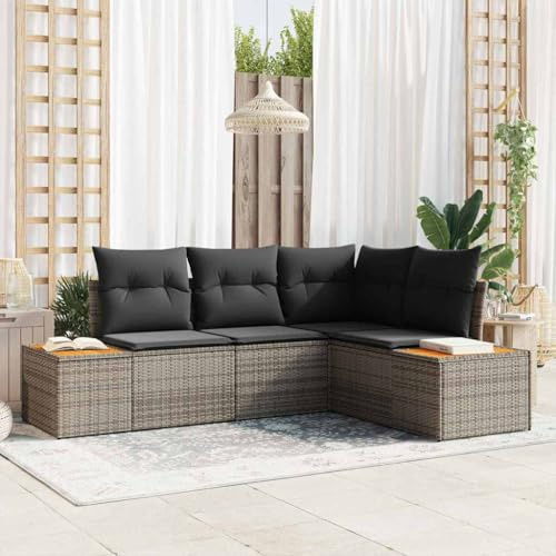 Fangmaliuyun Gartensofa Set 4 TLG Grau Polyrattan mit Akazienholz Beistelltisch 209x154x85 cm Modularer Outdoor Wohnlandschaft für Terrasse Balkon und kleine Räume