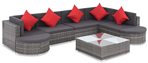Owoxanthellate 8-teiliges Poly-Rattan Gartenlounge-Set Modular Ecksofa Mittelteil Couchtisch Halbrunder Hocker Grau Rot 70x70 cm Modernes Wetterschutz-Design für Balkon Terrasse Garten