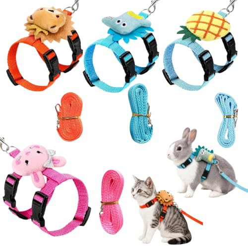 4 Stück Kleintiergeschirr Set, Verstellbares Kaninchen Geschirr, Hasenleine Und Katzenleine, Meerschweinchen Geschirr, Mit Ananas Dinosaurier Hase Löwe Motiven, Bequem Für Kleintierausflüge