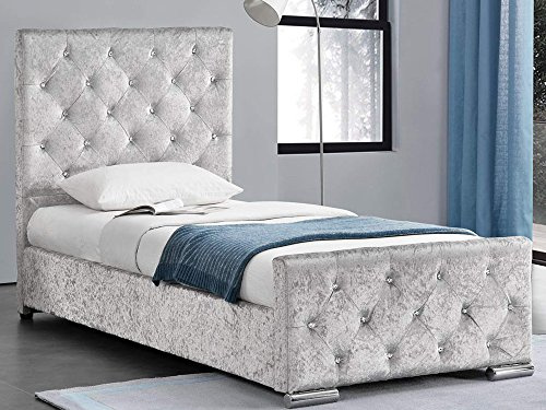 mm08enn@Crushed Velvet Fabric 3ft Single Bed Frame (Silver)