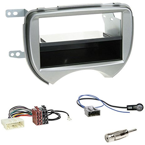 Einbauset: Autoradio 2-DIN Doppel-DIN Blende - Halterung - Radioblende mit Ablagefach - Farbe: Silber + ISO KFZ Radioadapter + Antenne Stecker für Nissan Micra (K13) 11/2010-08/2013