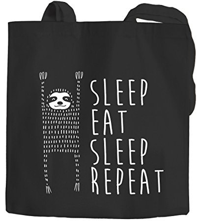 Jutebeutel Sleep Eat Sleep Repeat Faultier Baumwollbeutel Stoffbeutel Autiga® schwarz 2 lange Henkel
