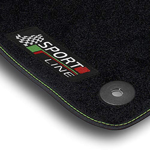 Bär-AfC Auto Fußmatten Sport Line passend für Opel Astra G Cabrio 2001-2005, Autoteppiche Nadelvlies Schwarz, Bandeinfassung mit Grüner Ziernaht, Stick Grün & Rot, Set 4-teilig, OP07754n