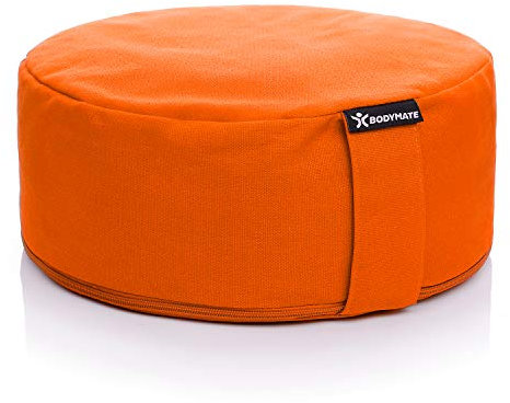 BODYMATE Yogakissen rund 31cm Durchmesser 13cm hoch Orange mit Buchweizen-Spelz Füllung – Maschinenwaschbarer Bezug aus 100% extra Dicker Baumwolle – Meditationskissen – Sitzkissen