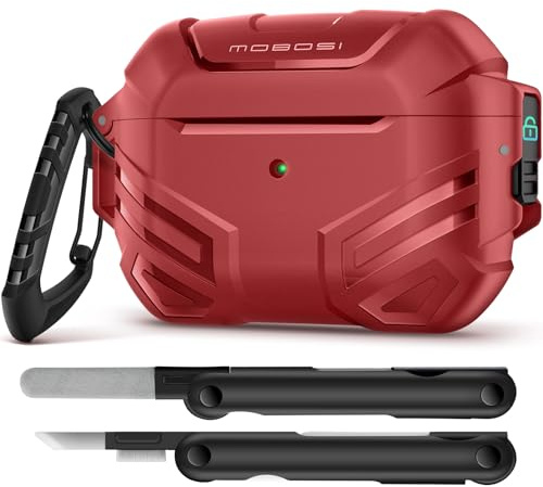 MOBOSI for AirPods Pro 2 Case Cover with Lock & Cleaner Kit & Keychain, Compatible with Airpod Pro Case 2nd/1st Gen Military Grade Shockproof Protective Hard Shell for Men(2023/2022/2019), Red