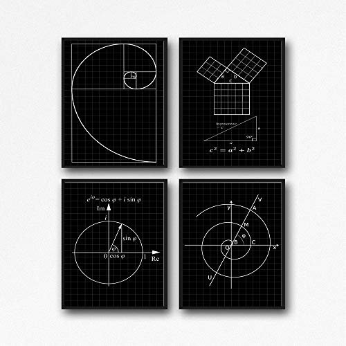 Math Poster Set of Math Posters Fibonacci Golden Spiral Pythagoras's Theorem Euler's Formula Archimedean Spiral Math Wall Art WB210 (61cm x 91cm, Black Grid)