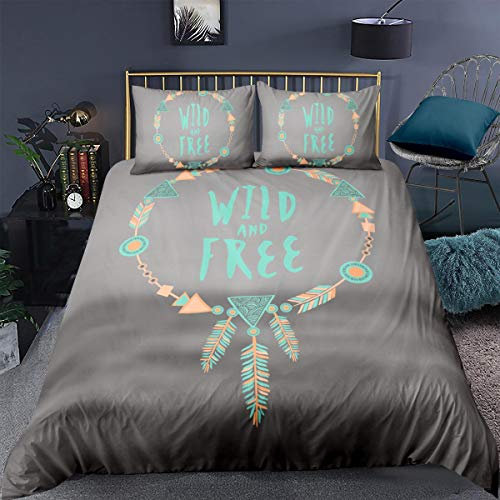 Loussiesd Traumfänger Bettwäsche Set Dreamcatcher 135x200 cm Bettbezug Set Jungen Mädchen Türkis Feder Design Dekoration Grau Warm Microfaser Betten Set inkl.1 Kissenbezüge 80x80 cm Kinder