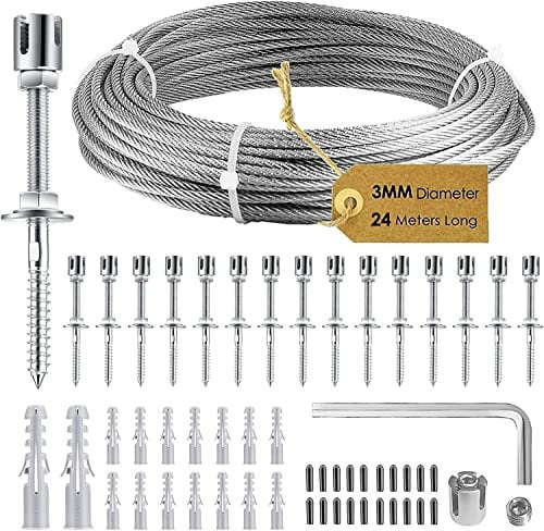 SMAUTOP Plant Support, Stainless Steel Trellis for Climbing Plants, Professional System as Complete Set with Wall Brackets and 3 mm Steel Cable(16 Holders, 24 m Rope)