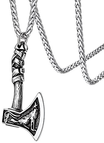 FaithHeart Nordic Jewellery Mens Viking Axes Necklace Howling Wolf Pendant Talisman Jewelry Silver Chain Stainless Steel Protective Amulet Norse Gift for Baptism