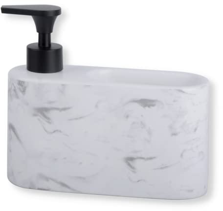 Kook Time Dispensador jabón Cocina Efecto mármol - jabonera Cocina con Guarda estropajos Fregadero - Apto para Cocina o como dosificador baño con Esponja - Cerámica Efecto mármol - 18 x 6 x 15.8 cm.