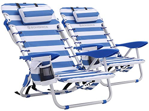 SONGMICS Strandstuhl, tragbar, 2 Stück, mit Abnehmbarer Kopfstütze, faltbar, Campingstuhl, Rückenlehne bis 180 °, mit Flaschenhalter, Tasche, Blaue und weiße Streifen GCB62BU02