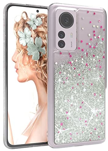 EAZY CASE Hülle kompatibel mit Xiaomi 12 Pro Schutzhülle mit Flüssig-Glitzer, Handyhülle, Schutzhülle, Back Cover mit Glitter Flüssigkeit, TPU/Silikon, Transparent/Durchsichtig, Silber