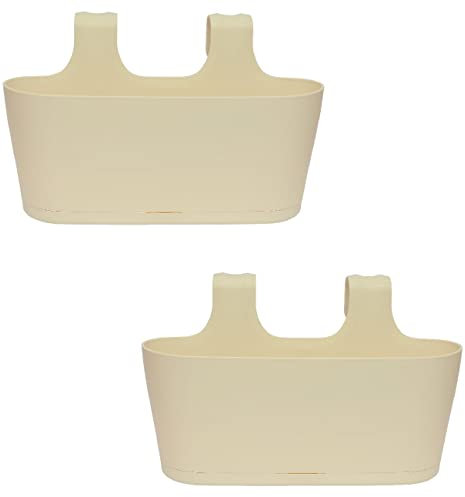 Engelland 2 x Blumenkasten zum Auf-Hängen, Farbe: Beige, Blumentopf, oval, Balkon, Übertopf, Pflanzkasten, mit Wasserspeicher, Wasserauffangschale