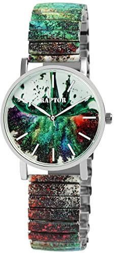 Raptor Colorful Edition Damen-Uhr Zugband Edelstahl Motiv Bunt Print Analog Quarz (grün/weiß)