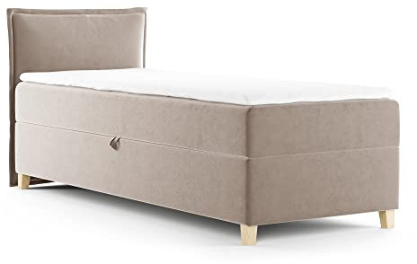 Boxspringbett Fren Mini mit Bettkasten - Einzelbett mit Bonell-Matratze und Topper, Polsterbett mit Holzfüße, Bett, Schlafzimmer, Kinderzimmer (Beige (Paros 02), 90 x 200 cm)