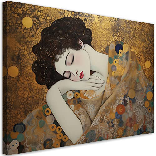 Feeby Wandbilder Frau Gustav Klimt Traum 45x30 cm 1 tlg Schlafzimmer Modern Vlies Leinwandbilder Bild auf Leinwand Kunstdruck Wand Wanddeko Design Wohnzimmer Büro Flur Hotel Spa Hand Abstrakt Gold