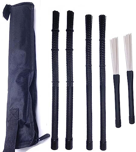 TUOREN Drum brush Kit Nylon Cajon Brushes Light & Standard Size 1 Pair Retractable Nylon Brush Stick with Comfortable Rubber Handles for Cajon Jazz Percussion Accessories (Black)