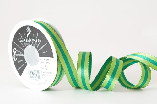 Berisfords Reversible Stripe Satin Ribbon Fern Green/Apple 16mm