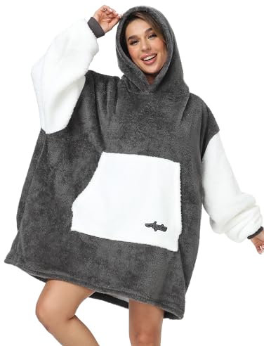 Argstar Übergroße Hoodie decke, tragbare Decken Hoodie, leichte Kapuzendecke, kuschelige Samt-Decke,warmes Hoodie mit Tasche und elastischen Ärmeln für Erwachsene Damen und Herren Grau