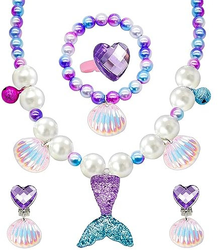 Meerjungfrau Kinder Schmuckset Mädchen, 5 Stück Prinzessin Kinder Schmuck Set, Meerjungfrau Kinderkette Armband Ringe Ohrringe, Meerjungfrau Kinderschmuck Geschenk Für Kinder Mädchen Party Mitgebsel