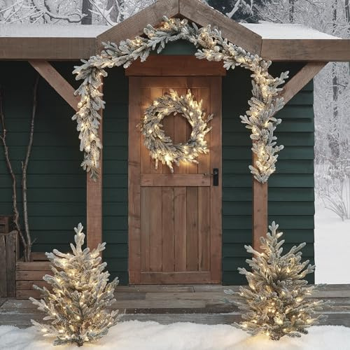 Lights4fun 3-in-1 Weihnachtsdeko Set LED beleuchtet Künstliche Girlande Weihnachtskranz beleuchtet Weihnachtsgirlande Tannenbaum Außen Deko Weihnachten