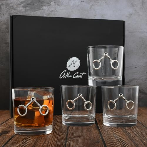 Arthur Court Equestrian Bit Double Old Fashioned Whiskeygläser, bleifreie Gläser für Bourbon und Cocktails, 9,53 cm hoch, 340 ml, 4 Stück