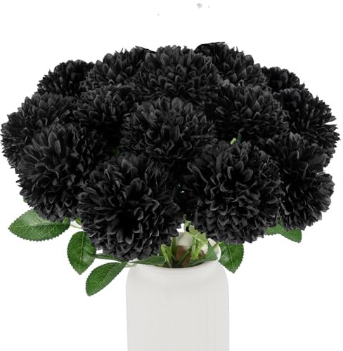 Hananona 12 Pcs Artificial Chrysanthemums Flowers Ball, Fake Mums Flowers Black Silk Plants for Gothic Home Decor Indoor Floral Arrangement Halloween Table Centerpiece