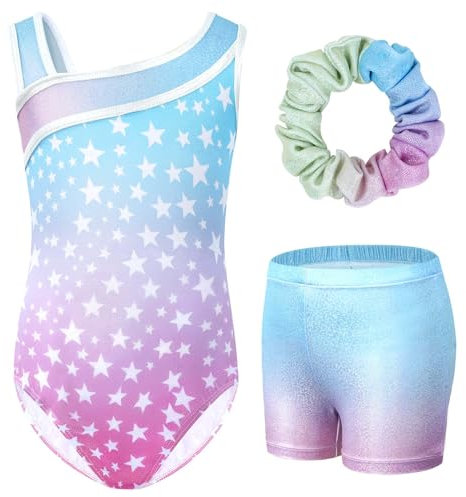 Gogokids Mädchen Drei Teiliges Gymnastikset, Y-Hals Ärmelloser Leotard mit Shorts und Haarband, Ballett Tanzender Leotard Gymnastikoutfit mit Blauem & Purpurfarbenem Farbblockdesign, 9-10 Jahre