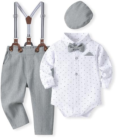 Volunboy Baby Boys Gentleman Suit, Toddler Formal Bow Tie Shirts + Suspenders Pants 4PCS Outfit(3-6 Months,Tag Size 59,Greydots)