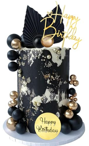LARDUX 28 Stück Schwarz Gold Tortendeko - Geburtstag torten deko DIY Palmenblätter Boho Mini Ballon Cupcake Topper Tortendeko Kugeln für Junge Männer Geburtstag Party Dekor
