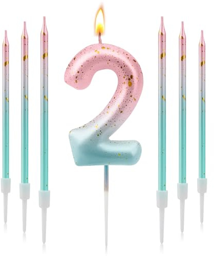 Number 2 Candles Pink Blue Gradient, 7 Pcs Birthday Candles | for Cakes Gold Glitter Birthday Cake Candles for Girls Birthday Party Wedding Anniversary