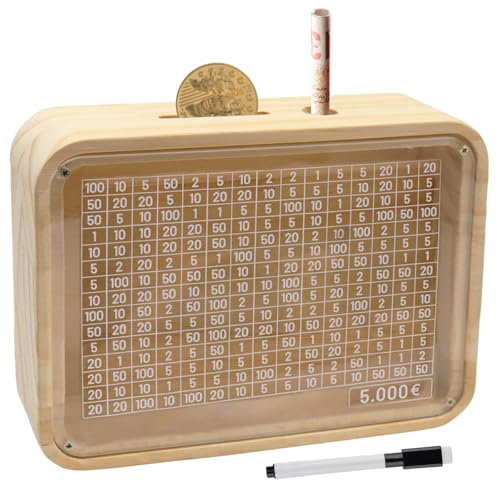 Sparbox Holz, Spardose Holz, Sparbox mit Zahlen Ankreuzen, Retro Sparbüchse mit Sichtfenster, Wiederverwendbare Spar Box, Hilft Kindern und Erwachsenen die Gewohnheit zum Sparen zu Entwickeln (5000€)