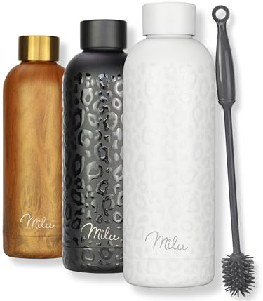 Milu Stainless Steel Water Bottle 750ml Vaccum Insulated Large Drink Flask Water Bottles Leakproof Keep Drinks Hot Cold for Bike Camping Sports Gym incl. Cleaning Brush (White Leopard, 750ml)