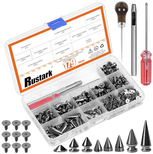 Rustark 179Pcs 8 Sizes Black Metal Punk Spikes and Studs Assortment Kit with Tools Punk Rivet Studs Rivets Screw Screwback Studs Rivets for Punk Style Clothing Accessories Craft Decoration