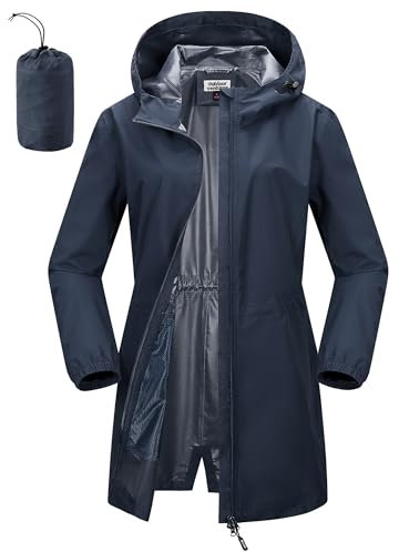 Outdoor Ventures Veste de pluie imperméable pour femme, longue, coupe-vent, veste de transition, légère et respirante, veste d'extérieur avec capuche, Bleu marine, XXL